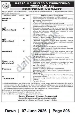 Newspaper clipping: Karachi Shipyard & Engineering Works Ltd — Multiple Contract Vacancies, Dawn, 07 Jun 2026