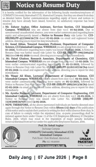 Newspaper clipping: COMSATS University Islamabad Notice to Resume Duty for Absent Faculty & Staff, Jang, 07 Jun 2026