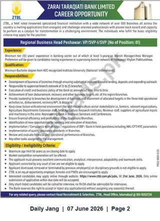Newspaper clipping: ZTBL Regional Business Head (Peshawar) — VP/SVP-I/SVP — Apply by 2026-06-21, Jang, 07 Jun 2026
