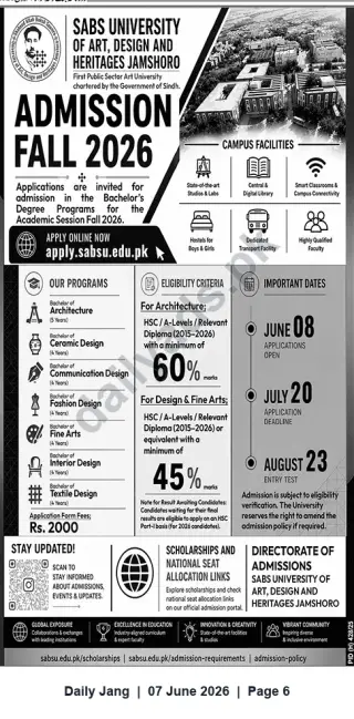 Newspaper clipping: SABS University Jamshoro — Bachelor Admissions Fall 2026, Jang, 07 Jun 2026