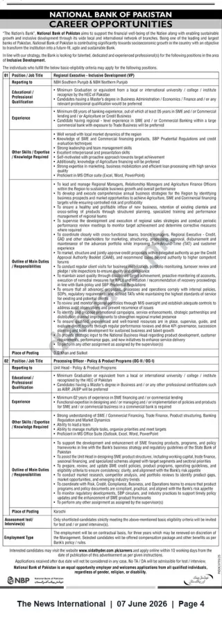 Newspaper clipping: National Bank of Pakistan Careers — Regional Executive (VP) & Processing Officer Vacancies, The News International, 07 Jun 2026