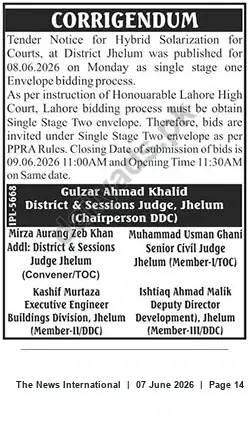 Newspaper clipping: Corrigendum: Hybrid Solarization for Courts — Tender (District Jhelum), The News International, 07 Jun 2026