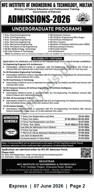 Newspaper clipping: NFC-IET Multan Undergraduate Admissions 2026 – Engineering, CS, AI, BBA & More, Express, 07 Jun 2026