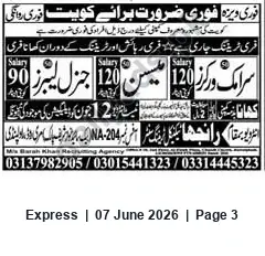 Newspaper clipping: Immediate Vacancies — Mis Bah Khan Recruiting Agency, Express, 07 Jun 2026