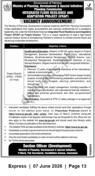Newspaper clipping: Project Director (IFRAP) – Vacancy at Ministry of Planning, Development & Special Initiatives, Pakistan, Express, 07 Jun 2026