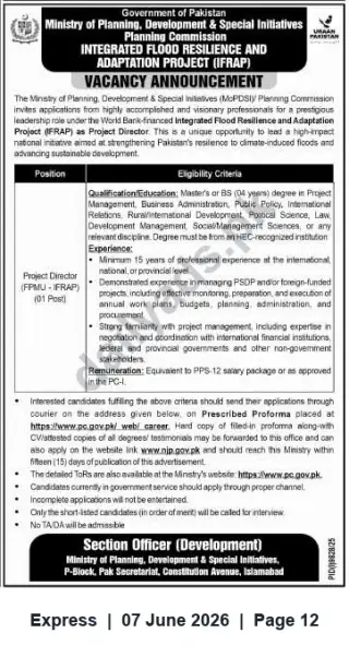 Newspaper clipping: Project Director – Integrated Flood Resilience & Adaptation Project (IFRAP) | Planning Commission, Express, 07 Jun 2026
