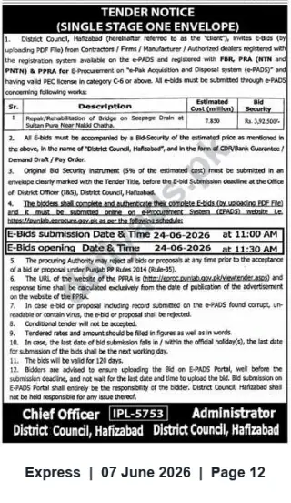 Newspaper clipping: District Council Hafizabad Tender: Repair/Rehabilitation of Bridge on Seepage Drain at Sultan Pura (Single-Stage E-Procurement), Express, 07 Jun 2026