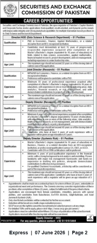 Newspaper clipping: SECP Careers – Senior Positions in Data Science & Research (Director, Joint Director, Deputy Directors), Express, 07 Jun 2026
