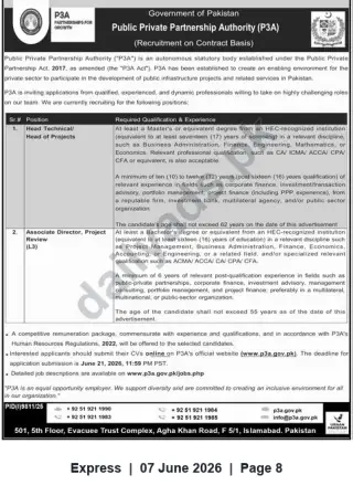 Newspaper clipping: Public-Private Partnership Authority (P3A) — Contract Vacancies: Head Technical / Head of Projects & Associate Director, Project Review, Express, 07 Jun 2026