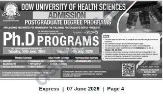 Newspaper clipping: Dow University of Health Sciences (DUHS) PhD Admissions 2026-27 — Apply by 2026-06-30, Express, 07 Jun 2026