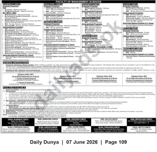 Newspaper clipping: NUML Faculty of Management Sciences — Admissions & GAT Schedule (July 2026), Dunya, 07 Jun 2026
