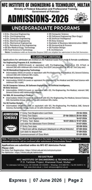 Newspaper clipping: NFC Institute of Engineering & Technology, Multan — Undergraduate Admissions 2026, Express, 07 Jun 2026