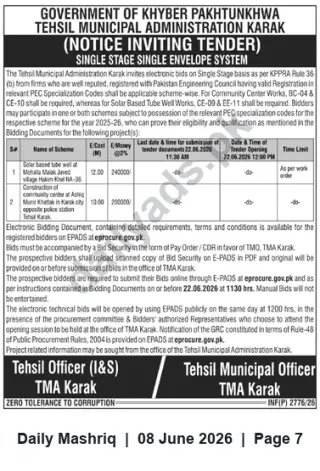 Newspaper clipping: TMA Karak Tender: Solar Tube Well & Community Centre Works — Bid Closing 2026-06-22, Daily Mashriq, 08 Jun 2026