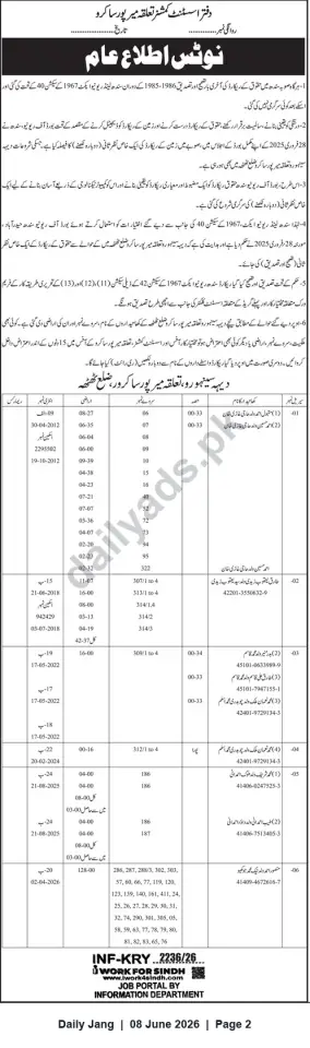 Newspaper clipping: Public Notice — Land Records / Rights Rectification (Assistant Commissioner, Mirpur Sakro), Jang, 08 Jun 2026