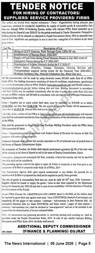 Newspaper clipping: Tender: Hiring Contractors / Suppliers / Service Providers — Additional Deputy Commissioner Gujrat (Finance & Planning), The News International, 08 Jun 2026