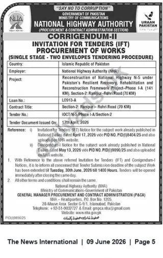 Newspaper clipping: NHA Corrigendum-II: Tender for Reconstruction of N-5 Section 2 (Ranipur–Rohri) — Closing 2026-06-30, The News International, 09 Jun 2026