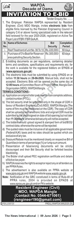 Newspaper clipping: WAPDA Mangla — Invitation to E-Bid for Roof Treatment and Reservoir Coating, The News International, 09 Jun 2026
