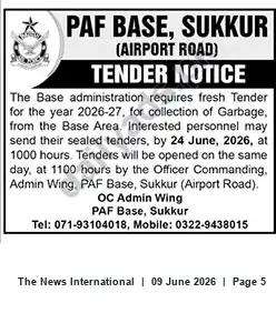 Newspaper clipping: Tender: Garbage Collection Contract — PAF Base Sukkur (2026-27), The News International, 09 Jun 2026