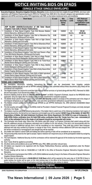 Newspaper clipping: Mansehra Irrigation Division Tender: Construction of 200 Solar-Based Irrigation Tube Wells (ADP No.2081), The News International, 09 Jun 2026