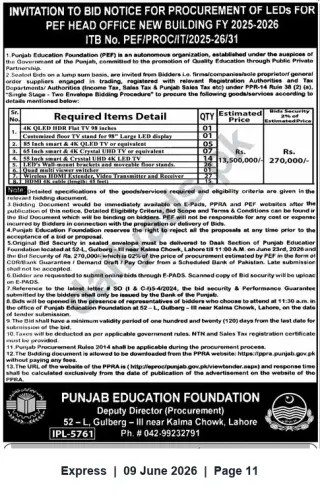 Newspaper clipping: PEF Invitation to Bid: Procurement of LED TVs & Accessories for Head Office (FY 2025-2026), Express, 09 Jun 2026