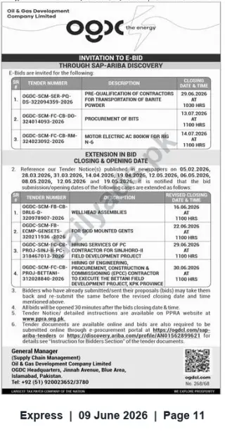 Newspaper clipping: OGDCL Invitation to E-Bid — Multiple Tenders (June–July 2026), Express, 09 Jun 2026