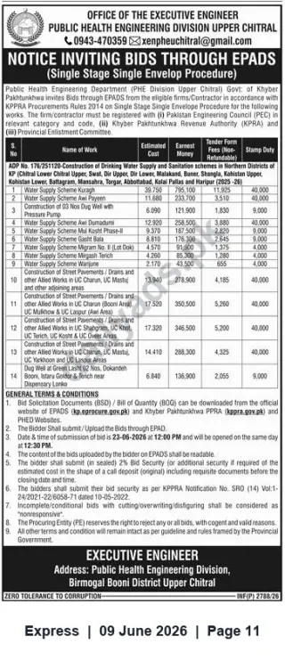 Newspaper clipping: PHE Division Upper Chitral — Notice Inviting Bids through ePADS (Single Stage, Single Envelope), Express, 09 Jun 2026