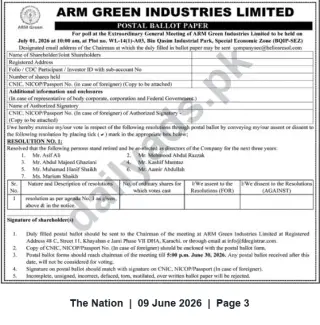Newspaper clipping: ARM Green Industries Limited — Postal Ballot for Extraordinary General Meeting (Director Re-elections), The Nation, 09 Jun 2026