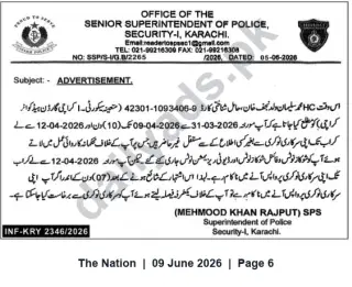 Newspaper clipping: Public Advertisement — Office of the Senior Superintendent of Police Security-I, Karachi (CNIC 42301-1093406-9), The Nation, 09 Jun 2026