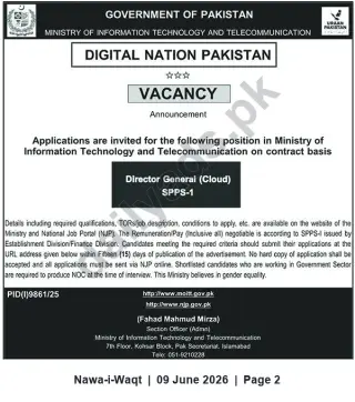 Newspaper clipping: Director General (Cloud) SPPS-1 — Ministry of Information Technology & Telecommunication, Islamabad, Nawa-i-Waqt, 09 Jun 2026
