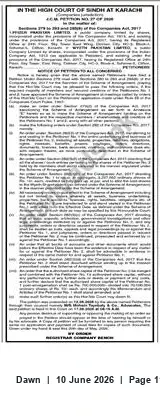 Newspaper clipping: High Court of Sindh at Karase — Court Notice, Dawn, 10 Jun 2026