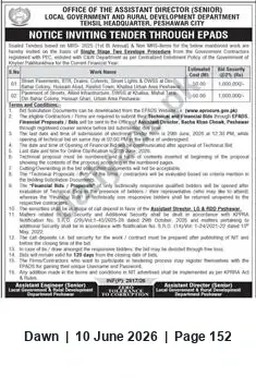 Newspaper clipping: Tender Notice — Assistant Director (Senior), Local Government & Rural Development, Tehsil HQ Peshawar City, Dawn, 10 Jun 2026