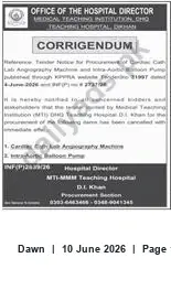 Newspaper clipping: Corrigendum — Office of the Hospital Director, MTI-MMM Teaching Hospital, Dawn, 10 Jun 2026
