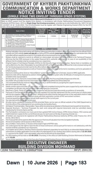 Newspaper clipping: Tender Notice — Building Works (Executive Engineer, Building Division Mohmand) via ePADS, Dawn, 10 Jun 2026