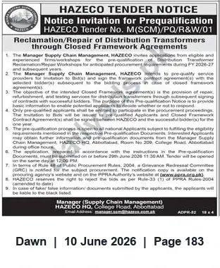 Newspaper clipping: HAZECO Prequalification: Reclamation/Repair of Distribution Transformers (Tender M(SCM)/PQ/R&W/01), Dawn, 10 Jun 2026