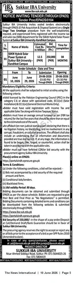Newspaper clipping: Sukkur IBA University Tender: 50 kW Hybrid Solar Power System for Kandhkot Campus, The News International, 10 Jun 2026