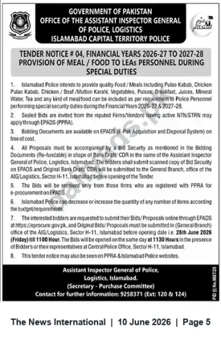 Newspaper clipping: Islamabad Police Tender: Provision of Meals/Food for Law Enforcement Personnel (FY 2026-27 & 2027-28), The News International, 10 Jun 2026
