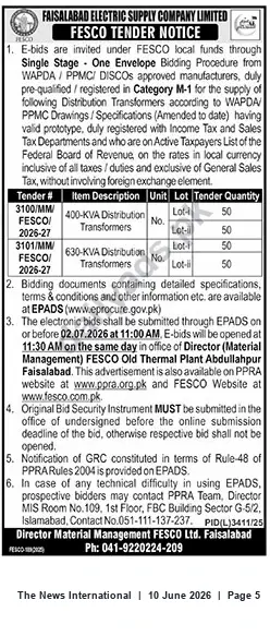Newspaper clipping: FESCO Tender: 400 kVA & 630 kVA Distribution Transformers — Bids Due 2026-07-02, The News International, 10 Jun 2026