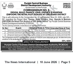Newspaper clipping: PCBDDA Corrigendum No. 3 — Bid Opening Extended for Retail Plot (Azalea) at CBD Quaid District, The News International, 10 Jun 2026