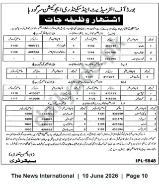 Newspaper clipping: Board of Intermediate & Secondary Education Skardu — Scholarship / Grant Recipients Notice, The News International, 10 Jun 2026