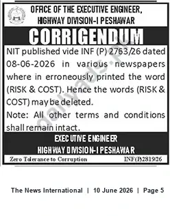 Newspaper clipping: Corrigendum: Removal of the words “RISK & COST” from NIT INF(P)2763/26 dated 2026-06-08, The News International, 10 Jun 2026