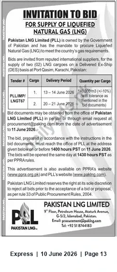 Newspaper clipping: Tender: Supply of 2 LNG Cargoes (DES Port Qasim, Karachi) — Pakistan LNG Limited, Express, 10 Jun 2026