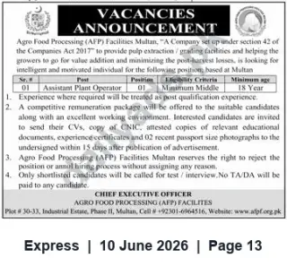 Newspaper clipping: Assistant Plant Operator — Agro Food Processing (AFP) Facilities Multan (1 Vacancy), Express, 10 Jun 2026