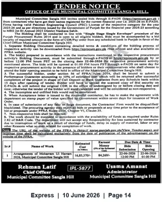Newspaper clipping: Tender: Arrangements for Moharram-ul-Haram 2026 — Municipal Committee Sangla Hill, Express, 10 Jun 2026