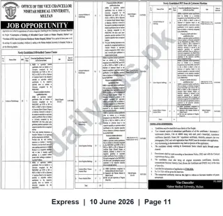 Newspaper clipping: Contract Appointments — 100-Bedded Cancer Center & PET Scan Project | Nishter Medical University, Multan, Express, 10 Jun 2026