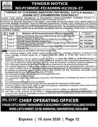 Newspaper clipping: Tender: Hiring Cleaning & Support Services for Model Cattle Market, Jhang City (PCMMDC Faisalabad), Express, 10 Jun 2026
