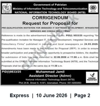 Newspaper clipping: NITB Corrigendum: Pre-Qualification for Managed IT, Software Development & Consultancy Firms — Deadline Extended to 22 June 2026, Express, 10 Jun 2026