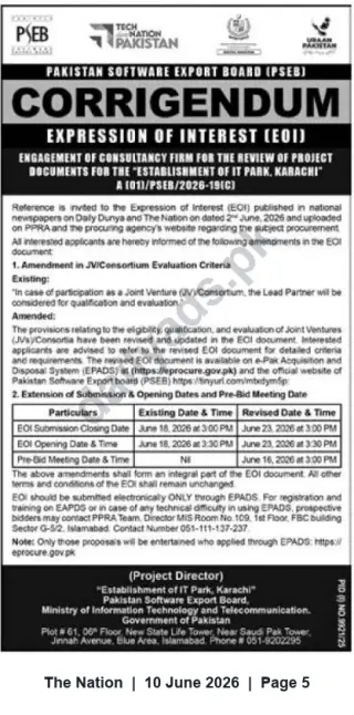 Newspaper clipping: PSEB Corrigendum: EOI for Consultancy to Review Project Documents for Establishment of IT Park, Karachi, The Nation, 10 Jun 2026