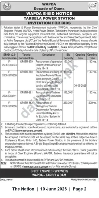 Newspaper clipping: WAPDA Tarbela Power Station E-Bid Notice – Procurement Packages (Bids Close 2026-06-30), The Nation, 10 Jun 2026