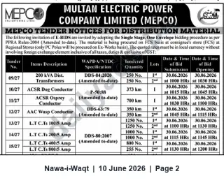 Newspaper clipping: MEPCO Tender Notice — Distribution Materials (Bids due 2026-06-30), Nawa-i-Waqt, 10 Jun 2026