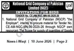 Newspaper clipping: NGCP Invitation for Bids — Tender No. CE-AM-NGC-MN-06-2025-26 for Supply of Materials, Nawa-i-Waqt, 10 Jun 2026